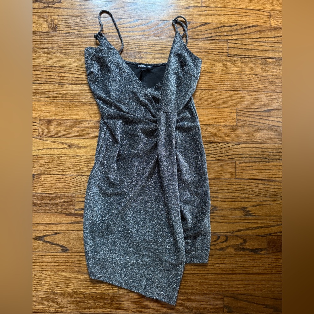Charlotte Russe Silver-Black Shimmer Twist-Front Mini Dress